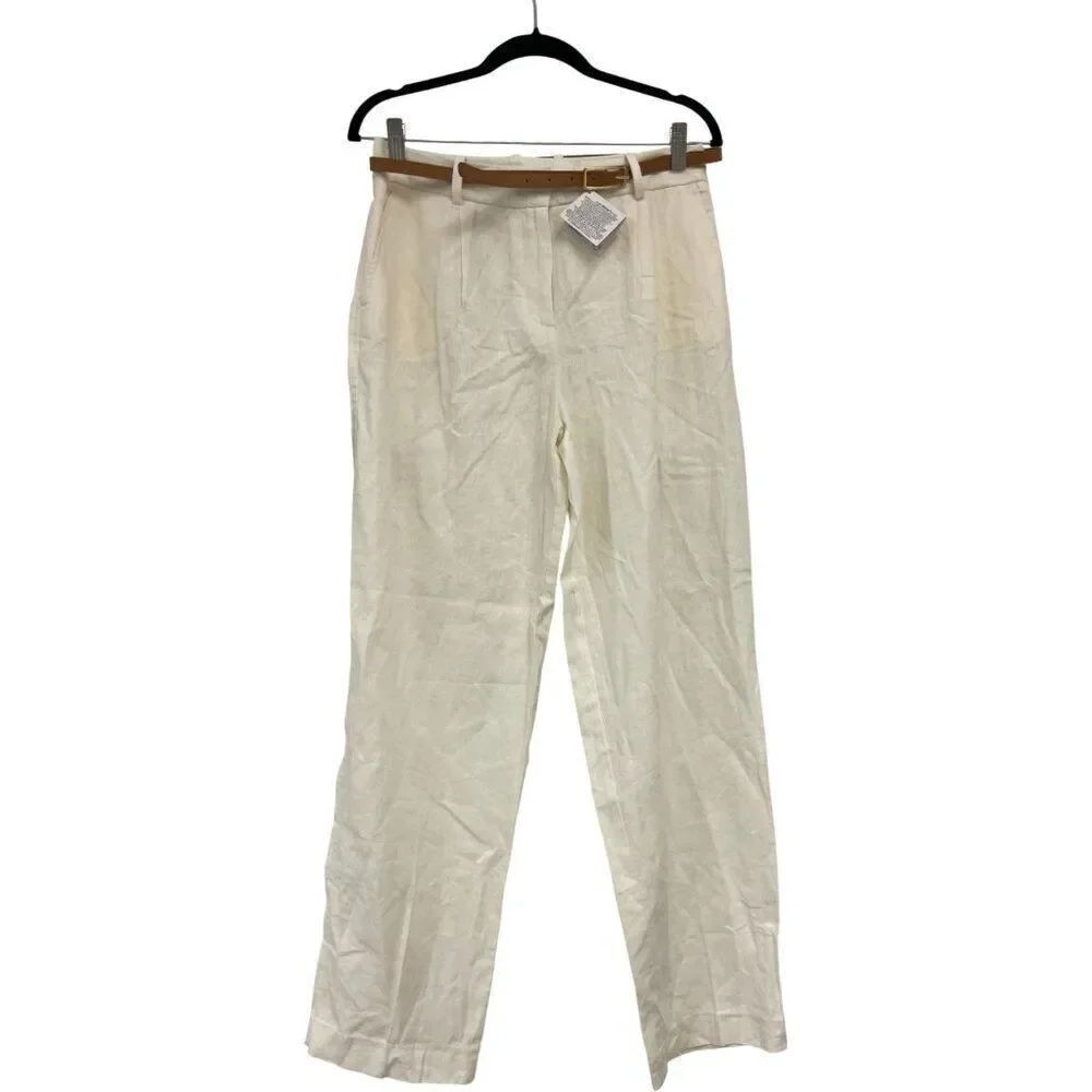 Zara Womens Pants S Small Linen Ivory Straight Leg Belted Trousers 8343/939 NWT